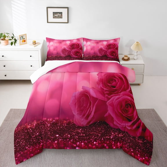 Homewish Teens Pink Floral Rose Bedding Comforter Set 2pcs,Bling Glitter Twin Comforter Sets Microfiber,Romantic Valentine's Day Breathable Bedding Set,Luxury Bedroom Decor