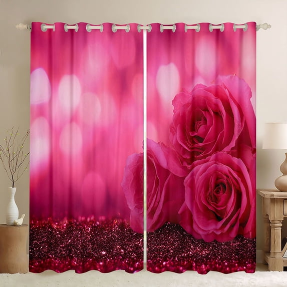 Homewish Teens Pink Floral Rose Black Out Curtains,Bling Glitter Curtains Pack of 2 (42x63 Each),Romantic Valentine's Day Bedroom Curtains,Luxury Bedroom Decor