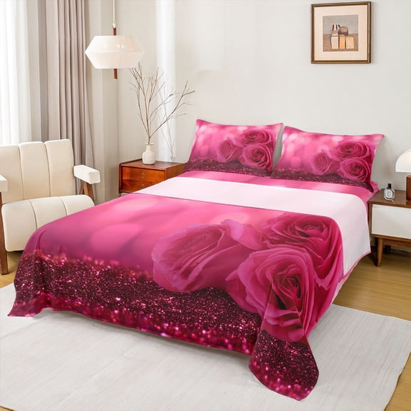 Homewish Teens Pink Floral Rose Twin Sheet Sets 3pcs,Bling Glitter Twin Fitted Sheet Microfiber,Romantic Valentine's Day Breathable Flat Sheet,Luxury Bedroom Decor