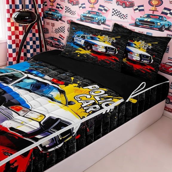 Homewish Teens Police Car Zipper Full Size Comforter Sets with Fitted Sheet and 2 Pillowcases,Vintage Splash Zipper Bedding Set,4pcs,Black Reversible