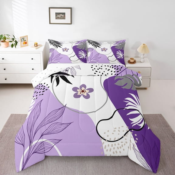 Homewish Teens Purple Flower Leaves 2pcs Bedding Comforter Set,Vintage Aesthetic Twin Comforter Sets,Minimalist Mid Century Breathable Bedding Set,Microfiber Bedroom Decor,Reversible