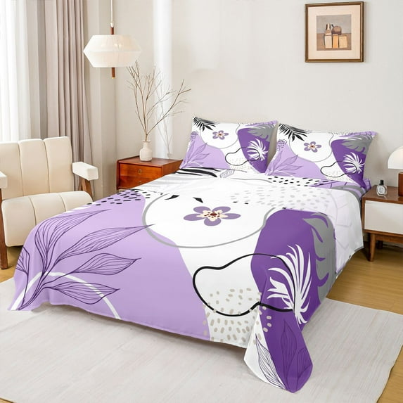 Homewish Teens Purple Flower Leaves 4 Pieces Queen Sheet Sets,Vintage Aesthetic Ultra Soft Flat Sheet,Minimalist Mid Century Queen Fitted Sheet,Microfiber Bedroom Decor