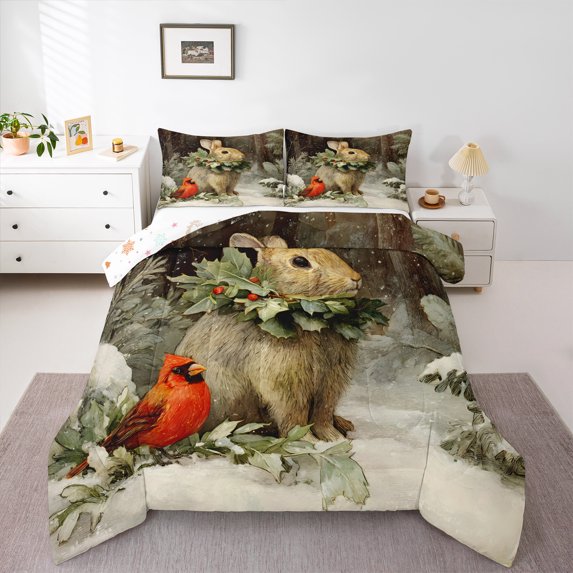 Homewish Teens Rabbit Cardinal Bird 2pcs Bedding Comforter Set,Merry Christmas Animal Twin Comforter Sets,Xmas Theme Breathable Bedding Set,Super Cozy Room Decor,Reversible