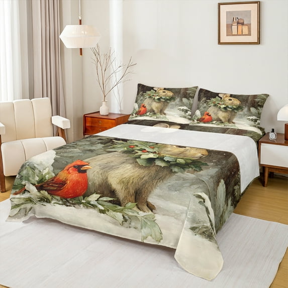 Homewish Teens Rabbit Cardinal Bird 4pcs Bed Sheets,Merry Christmas Animal King Sheets,Xmas Theme Super Cozy Sheet Set,Super Cozy Room Decor