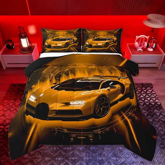 Homewish Teens Racing Car Bedding Comforter Set, Black Orange Automobile Twin Comforter Sets, Cartoon Sports Theme Reversible Bedding Set, Breathable Home Decor, 2pcs