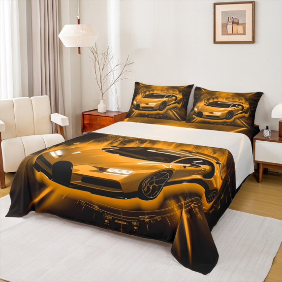Homewish Teens Racing Car Queen Sheet Sets, Black Orange Automobile Flat Sheet, Cartoon Sports Theme Queen Fitted Sheet, Breathable Home Decor, 4pcs