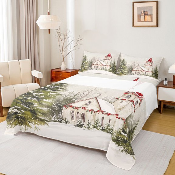 Homewish Teens Retro Rustic Cabin 4-Piece Full Size Sheets,Happy Xmas Bed Sheets,Merry Christmas Lightweight Sheet Sets,Breathable Home Decor