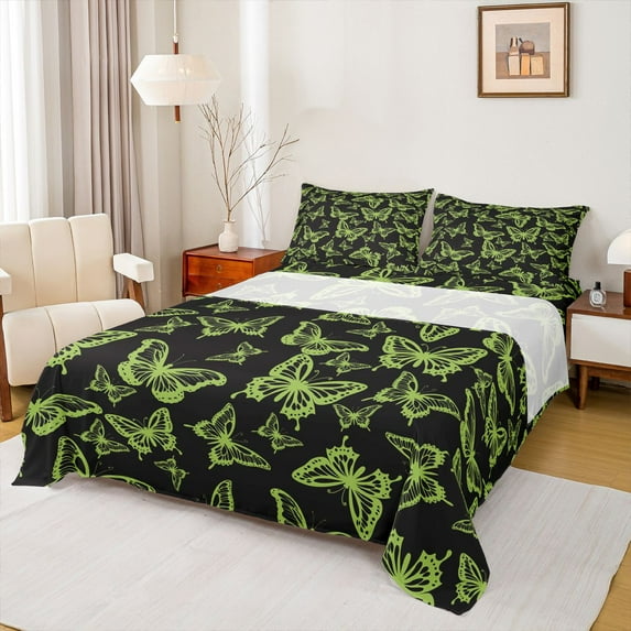 Homewish Teens Romantic Animal Twin Sheet Sets, Black Green Butterfly Moth Twin Fitted Sheet, Fashion Princess Style Flat Sheet, Breathable Home Decor, 3 Pieces