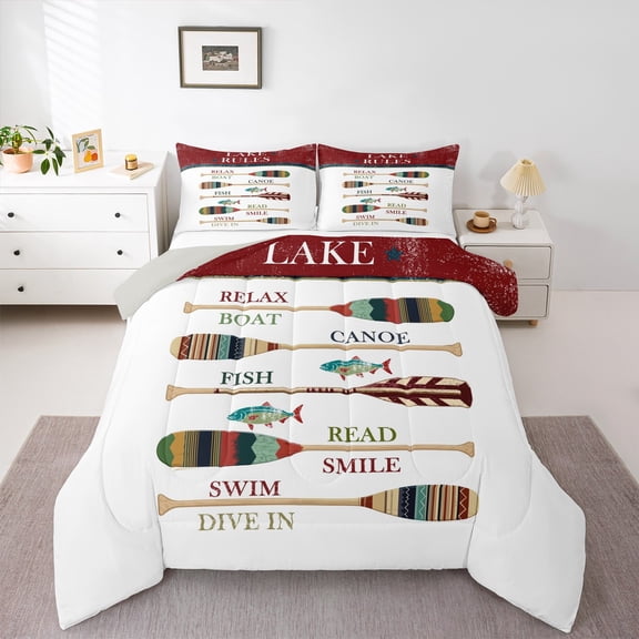 Homewish Teens Rustic Farmhouse Bedding Comforter Set, White Red Lake House Twin Comforter Sets, Wooden Boat Paddle Reversible Bedding Set, Ultra Soft Bedroom Decor, 2-Piece