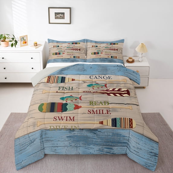 Homewish Teens Rustic Farmhouse Full Size Comforter Sets, Wheat Blue Lake House Bedding Comforter Set, Wooden Boat Paddle Reversible Bedding Sets, Luxury Bedroom Decor, 3-Piece
