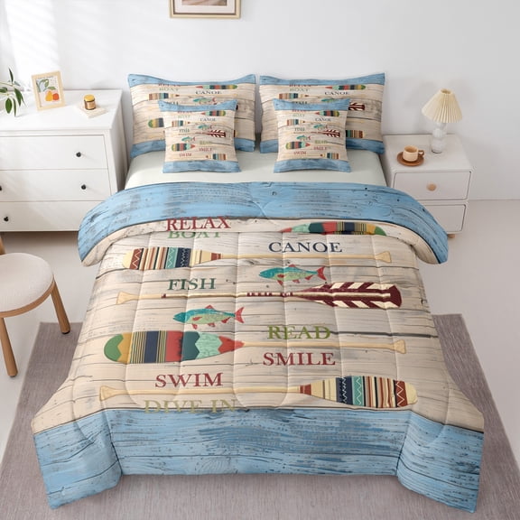 Homewish Teens Rustic Farmhouse Twin Bedding Sets 7-Piece, Wheat Blue Lake House Bedding Comforter Set, Wooden Boat Paddle Reversible Sheet Sets, Luxury Bedroom Decor