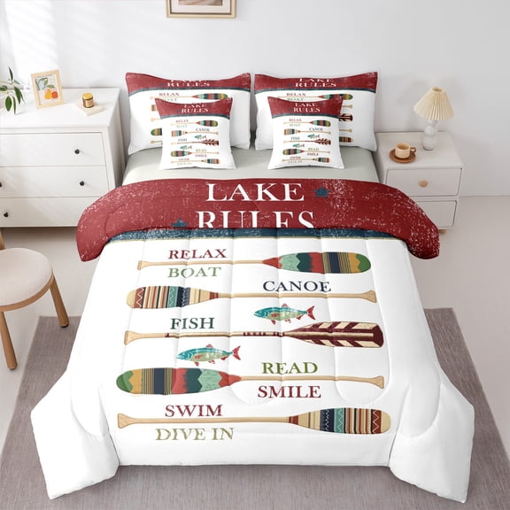 Homewish Teens Rustic Farmhouse Twin Bedding Sets 7-Piece, White Red Lake House Bedding Comforter Set, Wooden Boat Paddle Reversible Sheet Sets, Ultra Soft Bedroom Decor