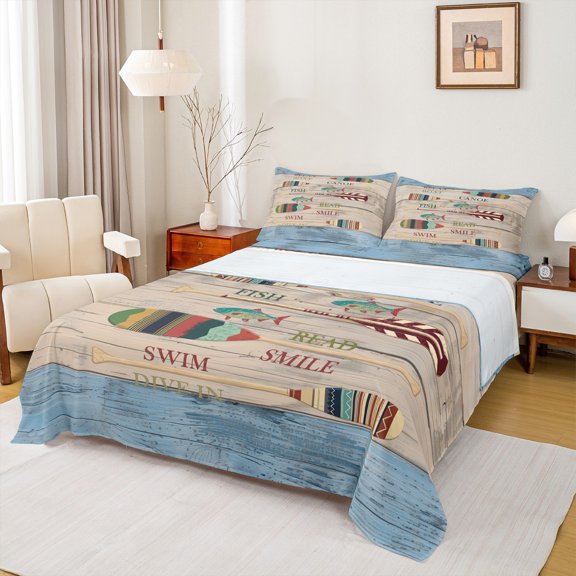 Homewish Teens Rustic Farmhouse Twin Sheet Sets, Wheat Blue Lake House Twin Fitted Sheet, Wooden Boat Paddle Flat Sheet, Luxury Bedroom Decor, 3-Piece