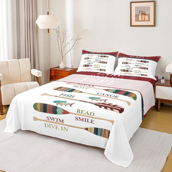 Homewish Teens Rustic Farmhouse Twin Sheet Sets, White Red Lake House Twin Fitted Sheet, Wooden Boat Paddle Flat Sheet, Ultra Soft Bedroom Decor, 3-Piece