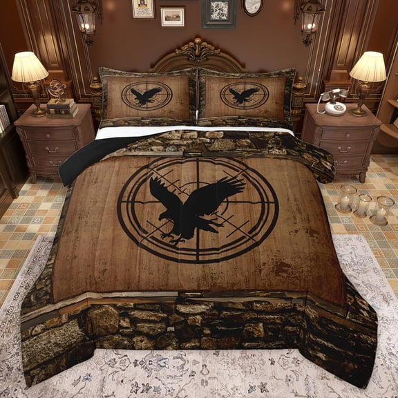 Homewish Teens Rustic Hunting Queen Comforter Set, Jungle Wildlife Eagle Bedding Sets, Vintage Lodge Cabin Reversible Bedding Comforter Set, Lightweight Room Decor, 3-Piece
