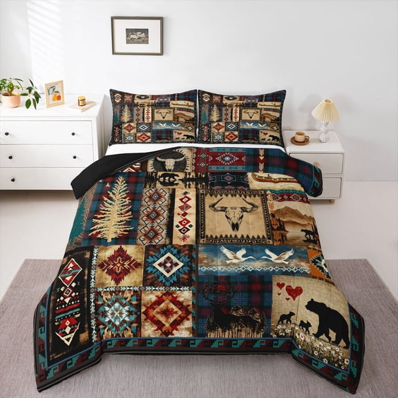 Homewish Teens Safari Bear 2pcs Bedding Comforter Set,Tribal Aztec Twin Comforter Sets,Bohemian Theme Breathable Bedding Set,Super Cozy Room Decor,Reversible