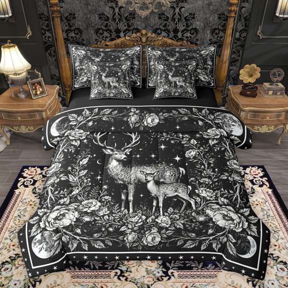 Homewish Teens Safari Deer Bedding Comforter Set 7-Piece,Boho Starry Sky King Bedding Sets,Chic Floral Flowers Ultra Soft Bed Sheets,Lightweight Room Decor,Reversible