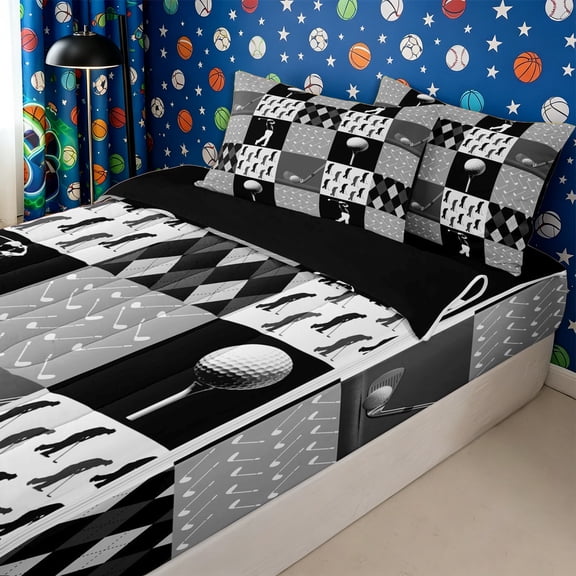 Homewish Teens Sport Golf Zipper Full Size Comforter Sets with Fitted Sheet and 2 Pillowcases,Geometric Plaid Zipper Bedding Set,4pcs,Black Reversible