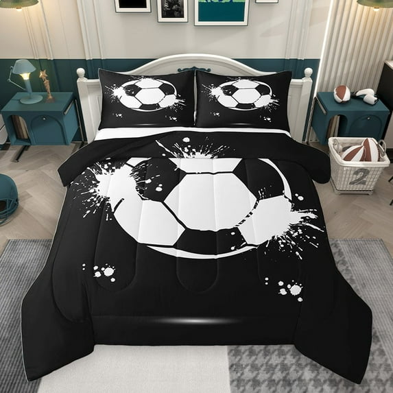 Homewish Teens Sport Soccer 2pcs Bedding Comforter Set,Graffiti Splash Twin Comforter Sets,Black White Breathable Bedding Set,Lightweight Room Decor,Reversible