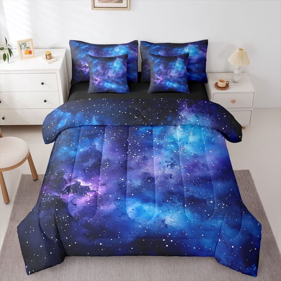 Homewish Teens Starry Sky Twin Bedding Sets 7-Piece,Universe Galaxy Bedding Comforter Set Microfiber,Abstract Gradient Breathable Sheet Sets,Breathable Home Decor,Reversible