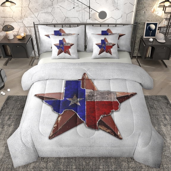 Homewish Teens Texas Stars Bedding Comforter Set 7pcs, Rustic US Flag King Bedding Sets, Modern Fashion Artwork Reversible Bed Sheets, Lightweight Room Decor