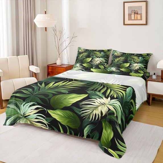Homewish Teens Tropical Leaves 4 Pieces Queen Sheet Sets,Black Green Ultra Soft Flat Sheet,Botanical Plants Queen Fitted Sheet,Microfiber Bedroom Decor