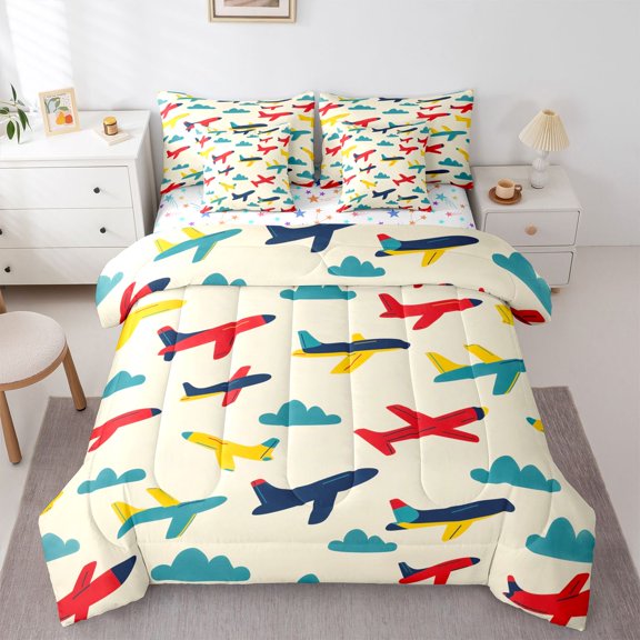 Homewish Teens Vehicle Helicopter Twin Bedding Sets 7-Piece, Retro Cartoon Airplane Bedding Comforter Set, Dreamy Fairy Tale Reversible Sheet Sets, Super Cozy Room Decor