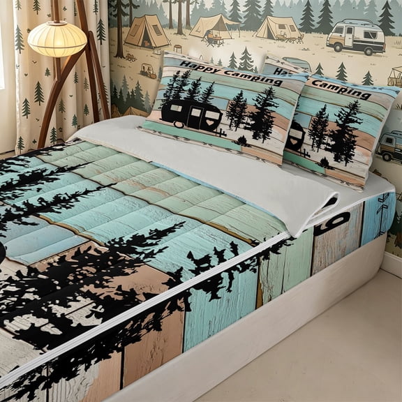 Homewish Teens Vintage RV Car Zipper Twin Comforter Sets with Fitted Sheet and 2 Pillowcases,Boys Girls Happy Camping Zipper Bedding Set,4-Piece,Grey Reversible