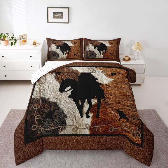 Homewish Teens Western Cowboy Bedding Comforter Set 2pcs,Cow Print Twin Comforter Sets Microfiber,Retro Vintage Breathable Bedding Set,Breathable Home Decor,Reversible