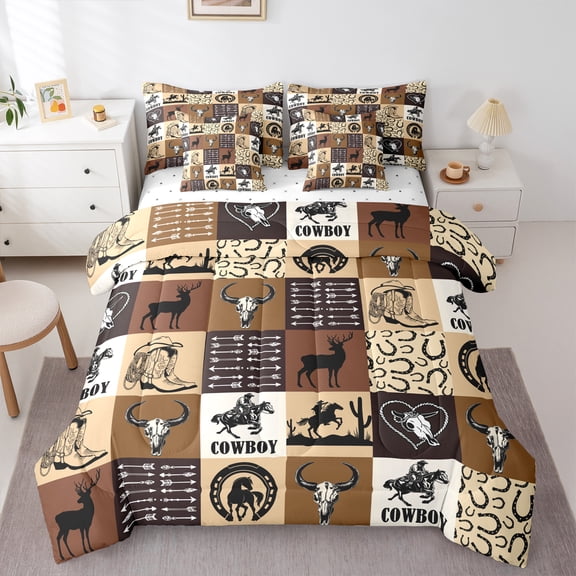 Homewish Teens Western Cowboy Bedding Comforter Set 7-Piece,Geometric Plaid King Bedding Sets,Exotic Style Ultra Soft Bed Sheets,Lightweight Room Decor,Reversible