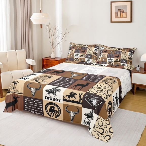Homewish Teens Western Cowboy Full Size Sheets 4-Piece,Geometric Plaid Breathable Bed Sheets,Exotic Style Lightweight Sheet Sets,Lightweight Room Decor