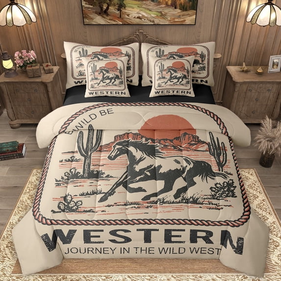 Homewish Teens Western Farmhouse Horse Twin Bedding Sets 7-Piece,Exotic Style Bedding Comforter Set Microfiber,Retro Vintage Breathable Sheet Sets,Breathable Home Decor,Reversible