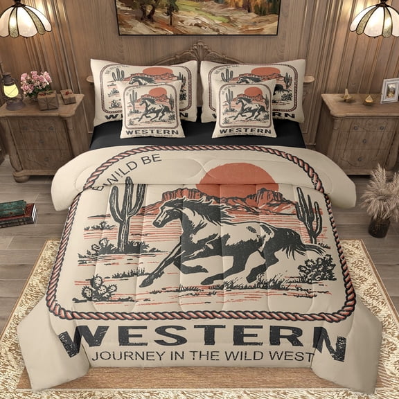 Homewish Teens Western Farmhouse Horse Twin Bedding Sets 7-Piece,Exotic Style Bedding Comforter Set Microfiber,Retro Vintage Breathable Sheet Sets,Breathable Home Decor,Reversible