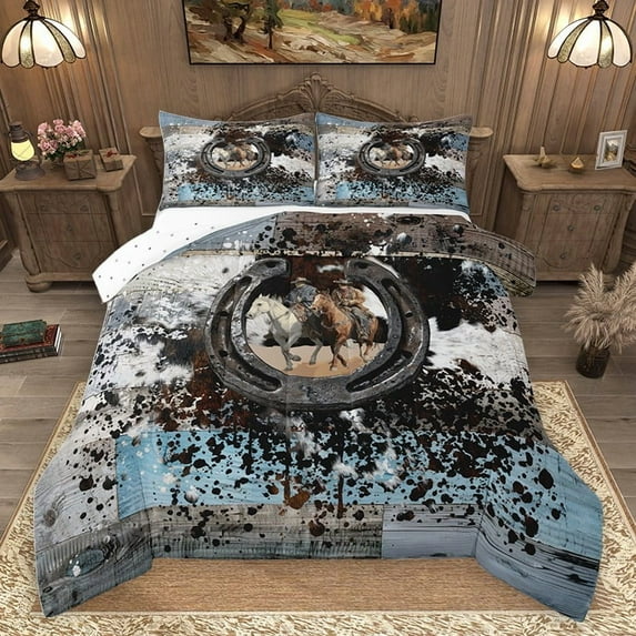 Homewish Teens Western Horseshoe 3 Pieces Queen Comforter Set,Graffiti Splash Ultra Soft Bedding Sets,Retro Vintage Bedding Comforter Set,Super Cozy Room Decor,Reversible