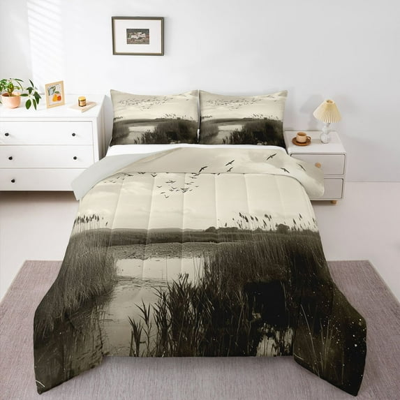 Homewish Teens Wildlife Birds Duck 3 Pieces Queen Comforter Set,Lake Hunter Wildlife Hunting Ultra Soft Bedding Sets,Black White Bedding Comforter Set Breathable,Luxury Bedroom Decor,Reversible