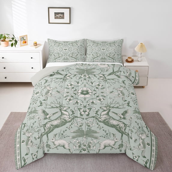 Homewish Teens Wildlife Rabbit Deer 2pcs Bedding Comforter Set,Floral Butterfly Dragonfly Twin Comforter Sets,Chic Flowers Breathable Bedding Set,Microfiber Bedroom Decor,Reversible