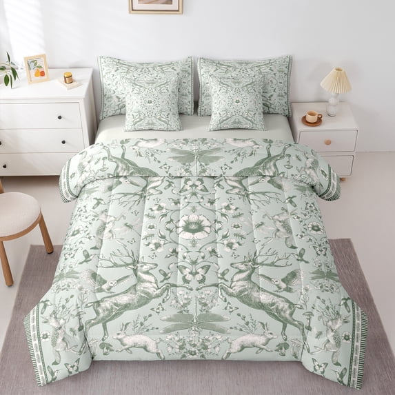 Homewish Teens Wildlife Rabbit Deer 7-Piece Bedding Comforter Set,Floral Butterfly Dragonfly King Bedding Sets,Chic Flowers Ultra Soft Bed Sheets,Microfiber Bedroom Decor,Reversible