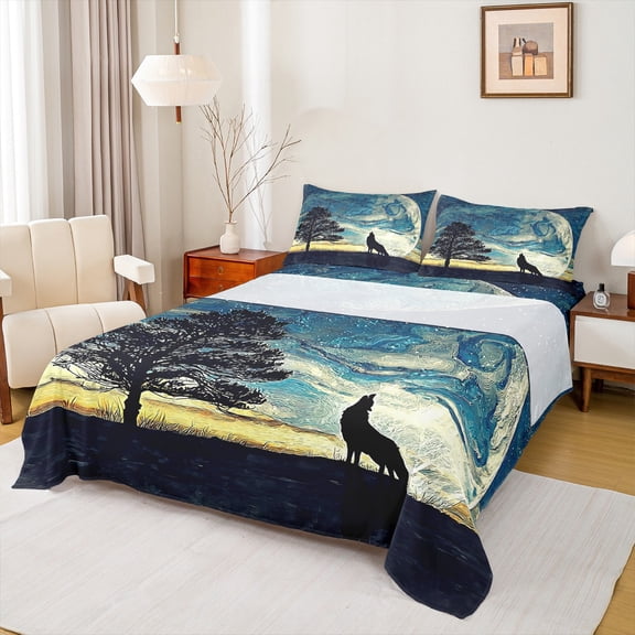 Homewish Teens Wildlife Wolf Twin Sheet Sets, Mystic Galaxy Moon Twin Fitted Sheet, Vintage Oil Printing Flat Sheet, Super Cozy Room Decor, 3-Piece