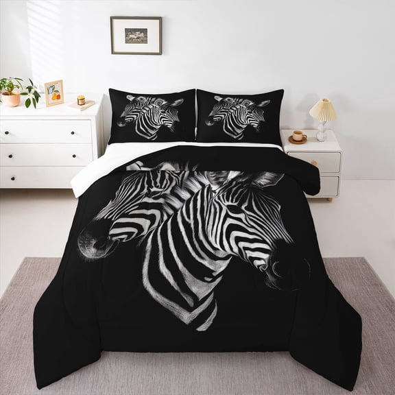 Homewish Teens Wildlife Zebra 3 Pieces Queen Comforter Set,Woodland Jungle Animal Ultra Soft Bedding Sets,Black White Bedding Comforter Set Breathable,Super Cozy Room Decor