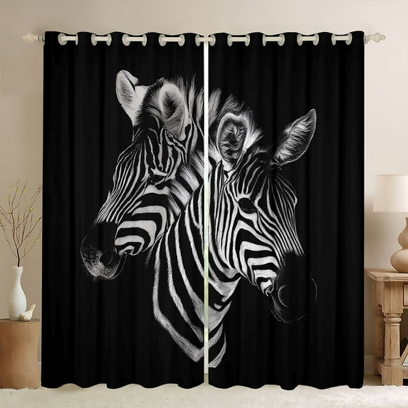 Homewish Teens Wildlife Zebra Curtains Pack of 2 (42x84 Each),Woodland Jungle Animal Curtains Blackout,Black White Bedroom Curtains,Super Cozy Room Decor