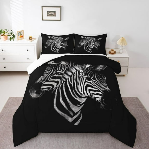 Homewish Teens Wildlife Zebra Full Size Comforter Sets 3-Piece,Woodland Jungle Animal Bedding Comforter Set,Black White Lightweight Bedding Sets,Super Cozy Room Decor