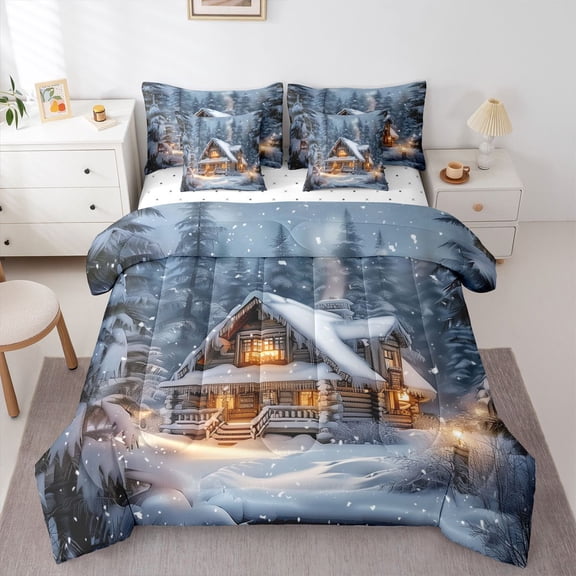 Homewish Teens Winter Lodge Cabin Bedding Comforter Set 7-Piece,Happy Xmas King Bedding Sets,Merry Christmas Ultra Soft Bed Sheets,Luxury Bedroom Decor,Reversible