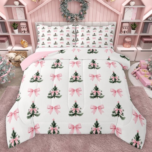 Homewish Teens Xmas Bow-Tie Tree 3 Pieces Queen Comforter Set,Merry Christmas Ultra Soft Bedding Sets,Happy New Year Bedding Comforter Set Breathable,Kawaii Bow Home Decor,Reversible