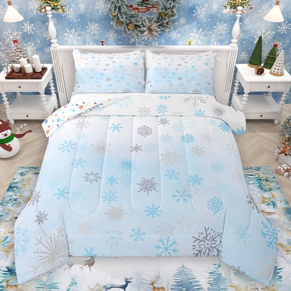 Homewish Teens Xmas Snowflake Queen Comforter Set, Blue Cartoon Snow Bedding Sets, Merry Christmas Reversible Bedding Comforter Set, Super Cozy Room Decor, 3-Piece