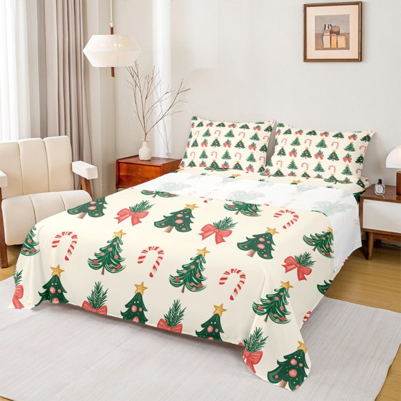 Homewish Teens Xmas Tree Candy Cane 4pcs Bed Sheets,Merry Christmas King Sheets,Happy New Year Super Cozy Sheet Set,Kawaii Bow Home Decor