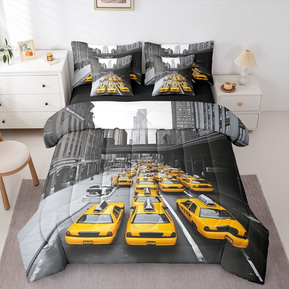 Homewish Teens Yellow Car Bedding Comforter Set 7-Piece,Car Theme King Bedding Sets,Black Grey Yellow Ultra Soft Bed Sheets,Microfiber Bedroom Decor,Reversible