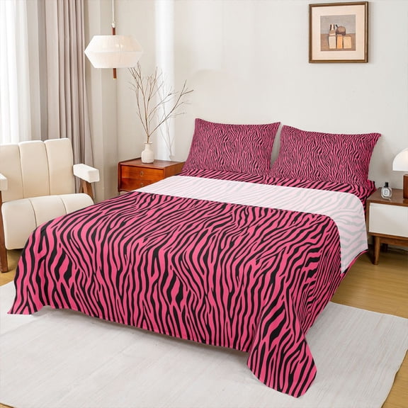 Homewish Teens Zebra Print Twin Sheet Sets, Fashion Polkadots Twin Fitted Sheet, Chic Pink Abstract Flat Sheet, Luxury Bedroom Decor, 3 Pieces