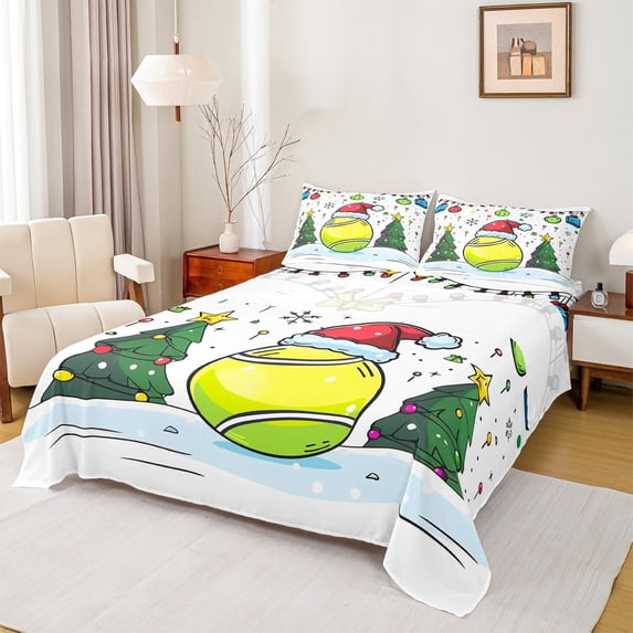 Homewish Tennis Ball Lovers Bed Sheets,Cute Cartoon Christmas Tree King Sheets,Colorful Xmas Ball Sheet Set For Boys Teen,Microfiber Bedroom Decor,4 Pieces