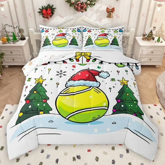 Homewish Tennis Ball Lovers Full Size Comforter Sets,Cute Cartoon Christmas Tree Bedding Comforter Set,Colorful Xmas Ball Bedding Sets For Boys Teen,Microfiber Bedroom Decor Reversible,3pcs