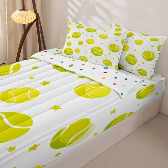 Homewish Tennis Ball Stars Zipper Full Size Comforter Sets with Fitted Sheet and 2 Pillowcases, Yellow Green Zipper Bedding Set for Boys and Girls, Polka Dots Reversible, 4 Pieces